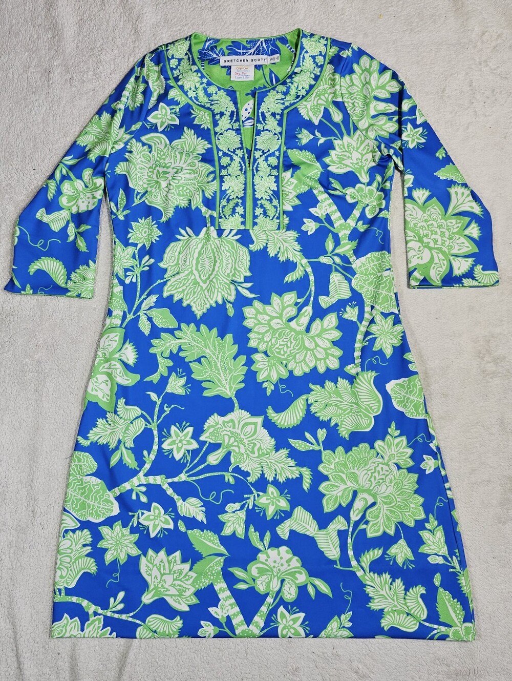 Gretchen Scott Blue Green Floral Jersey Split Neck Dress Size Small